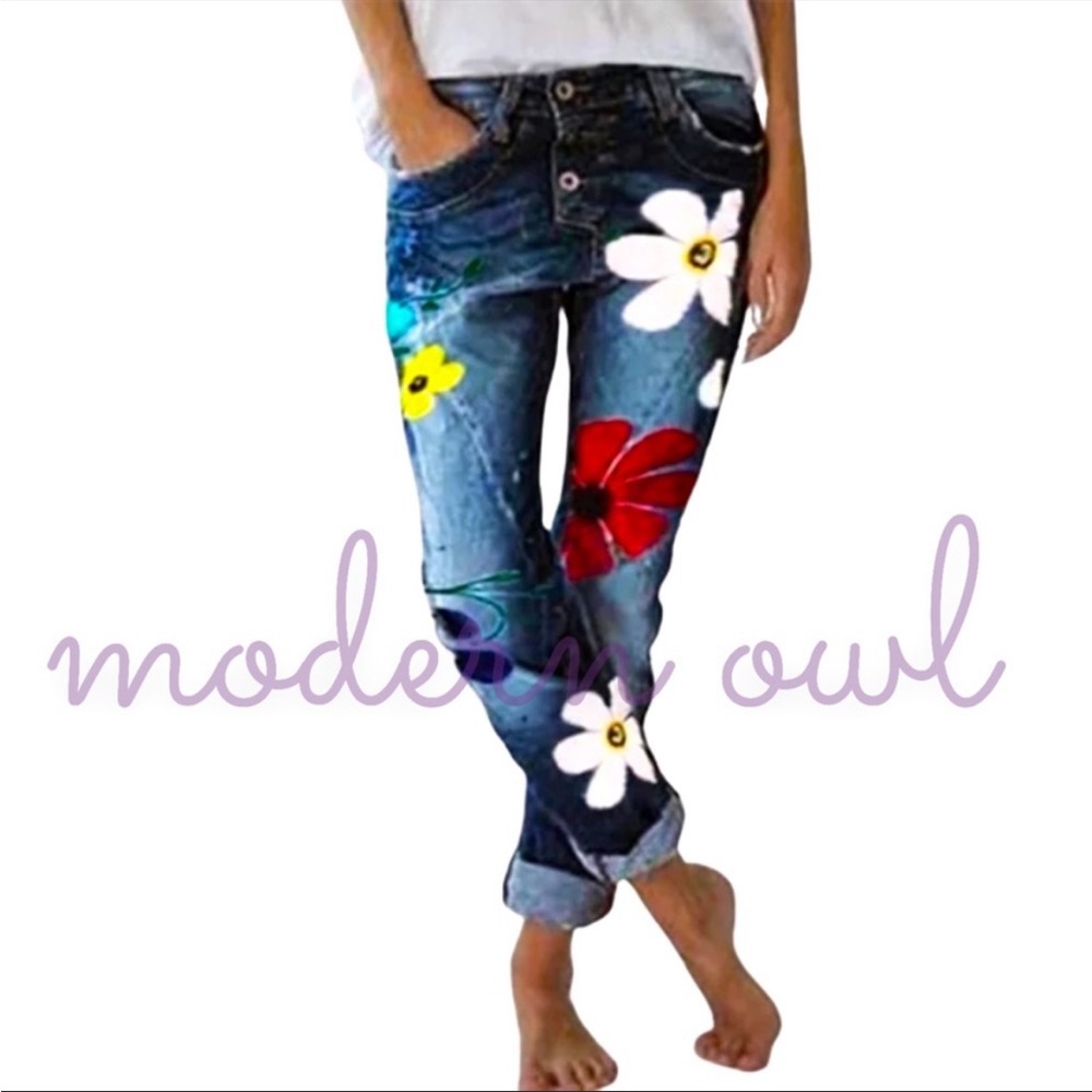 Modern Owl painted flower Jeans